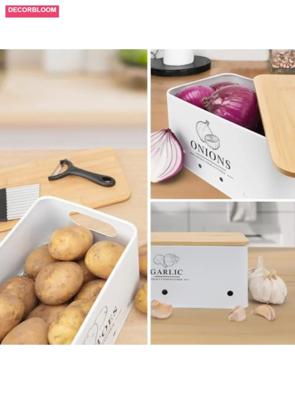Kitchen Vegetable Storage Set of 3 | Metal Onion Garlic Potato Keeper with